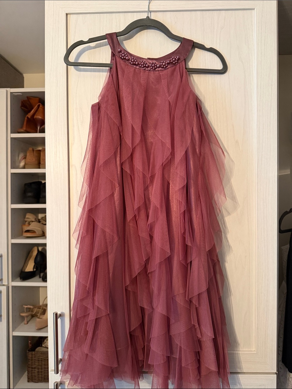 Mauve Layered Tulle Party Dress with Beaded Neckline